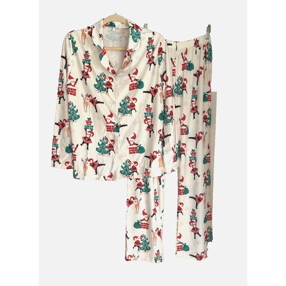 Sheilay Women's Holiday Santa Reindeer PJS 2pc Pajama Set Ivory with Print Sz S